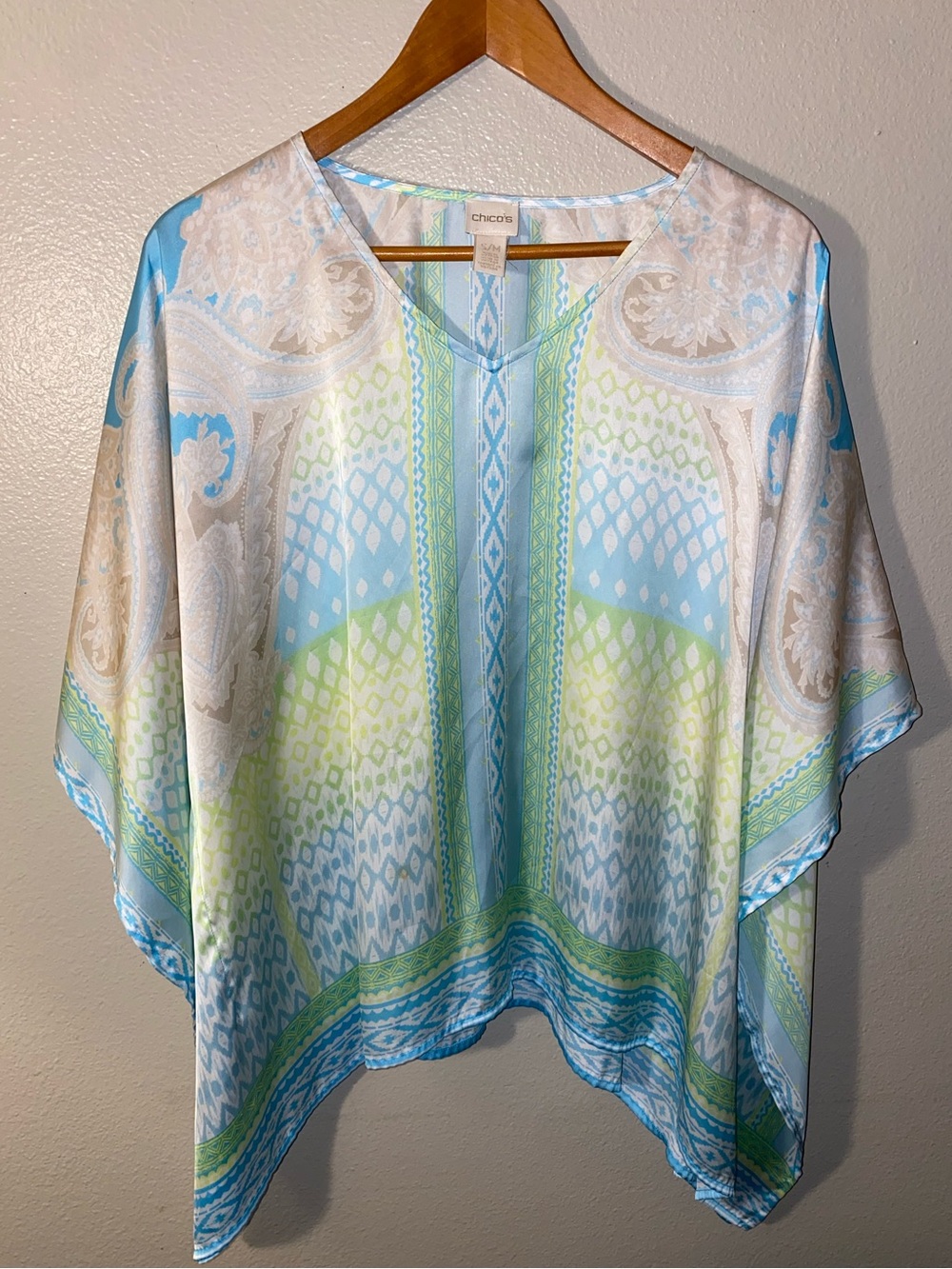 Chico's Satin Paisley Poncho Blouse V-Neck Blue Green S/M